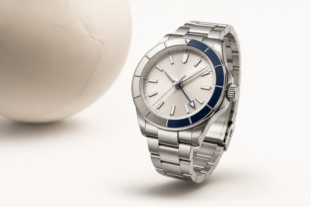 GMT watch with a 24-hour hand and rotating bezel beside a travel map