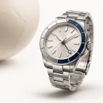 GMT watch with a 24-hour hand and rotating bezel beside a travel map
