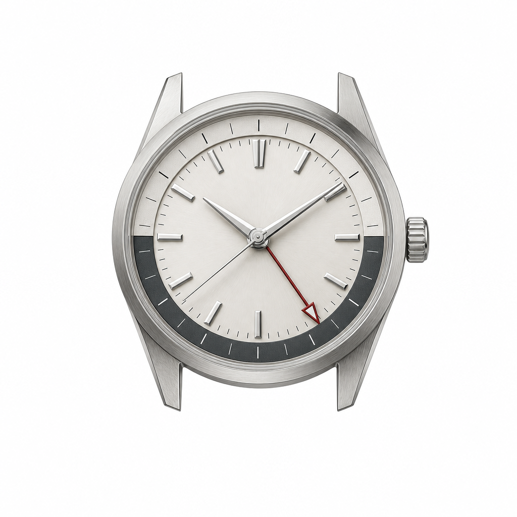 Close view of a GMT watch dial with a fourth hand pointing to a 24-hour scale