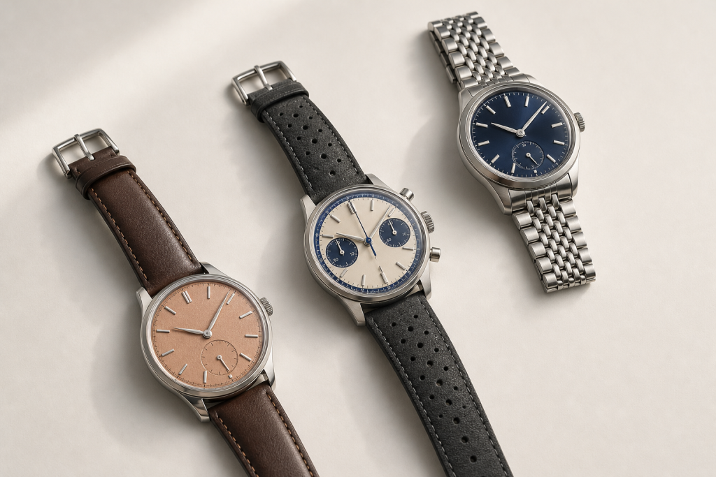 Three vintage-inspired mechanical watches representing Baltic dress, field, and dive-watch collections
