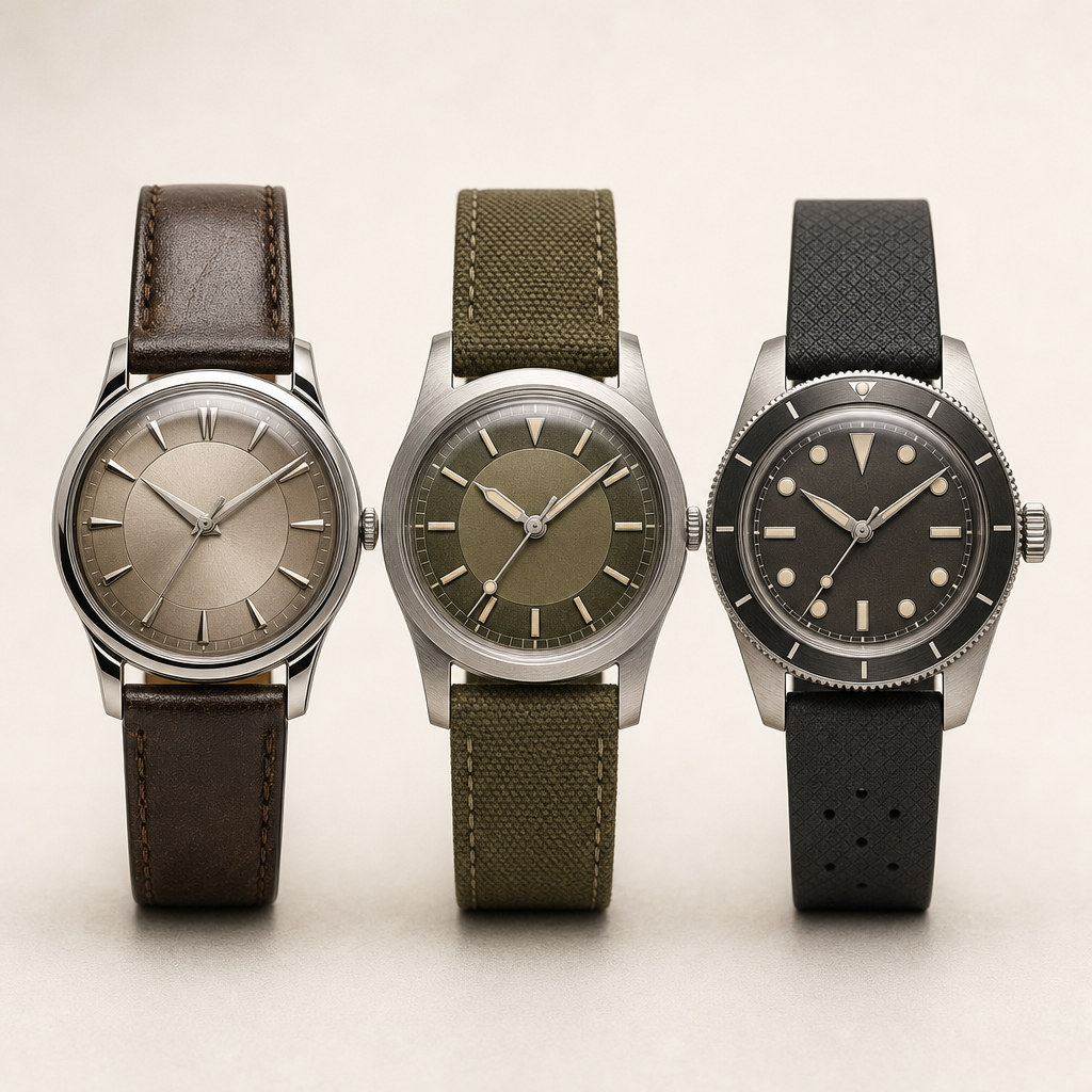Vintage-inspired dress, field, and diver watch silhouettes shown side by side
