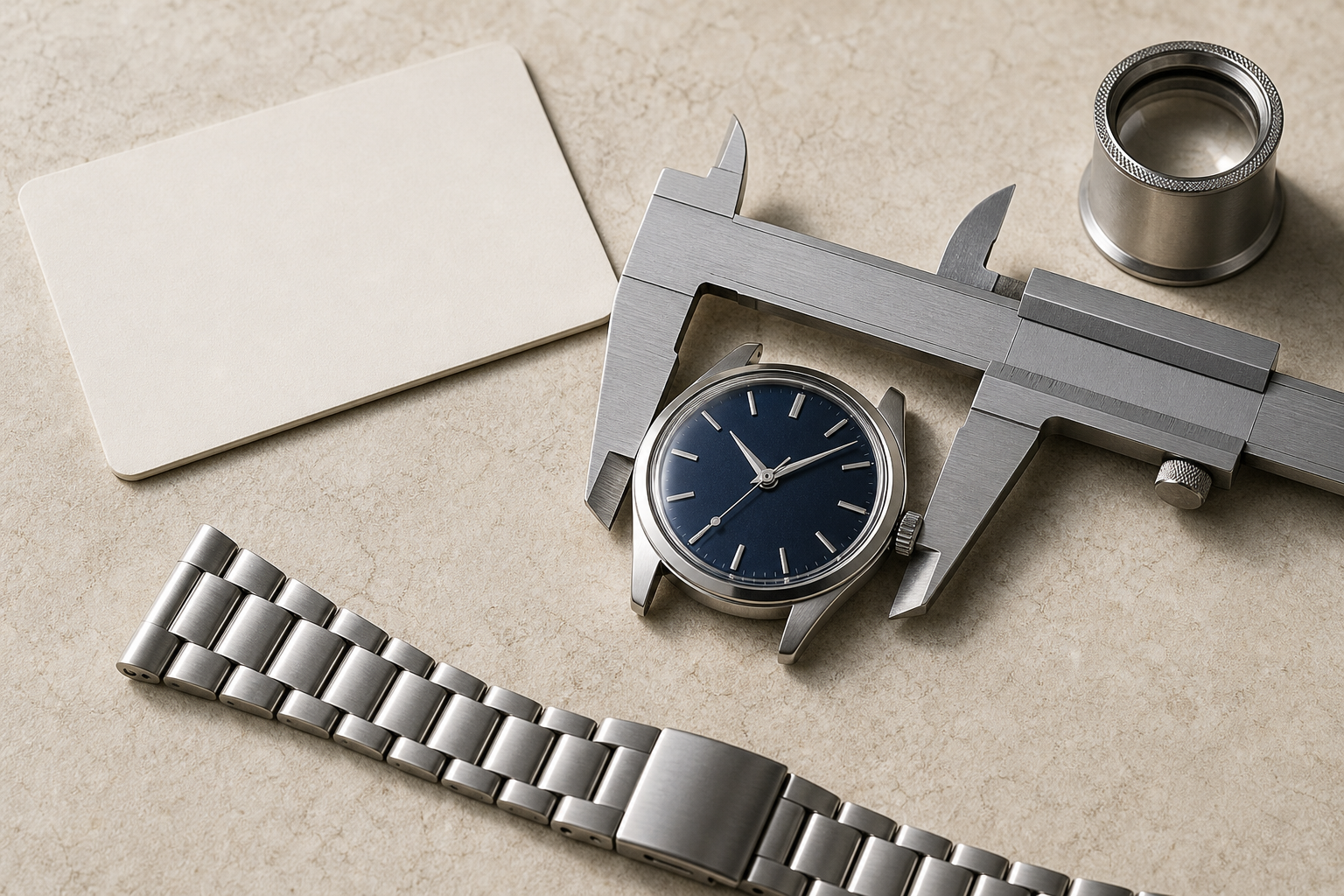A watch, bracelet, warranty card, and specification sheet arranged for listing verification