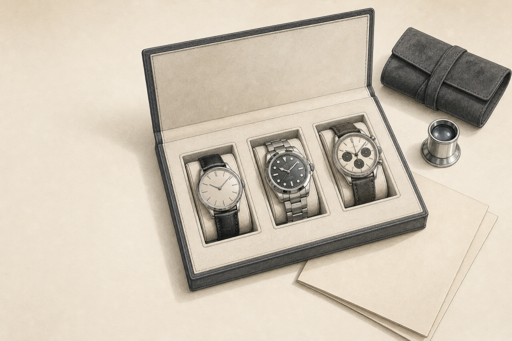 Collector comparing a wristwatch with a reference card and dealer listing details.