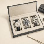 Pre-Owned Luxury Watches: How to Browse Models and Dealers Collector comparing a wristwatch with a reference card and dealer listing details.