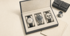 Collector comparing a wristwatch with a reference card and dealer listing details.