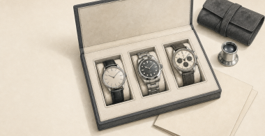 Collector comparing a wristwatch with a reference card and dealer listing details.
