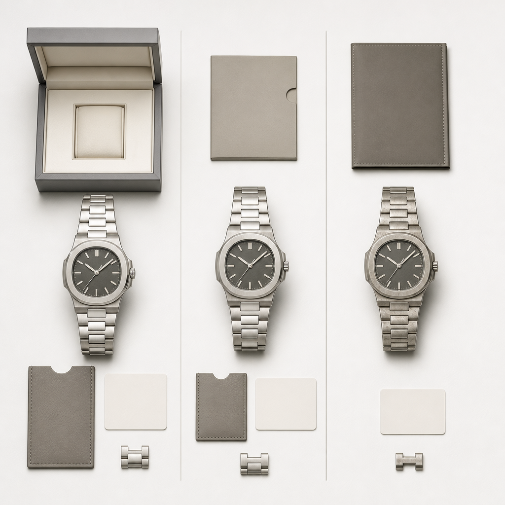 Three comparable watch listings arranged around reference, condition, and included items.