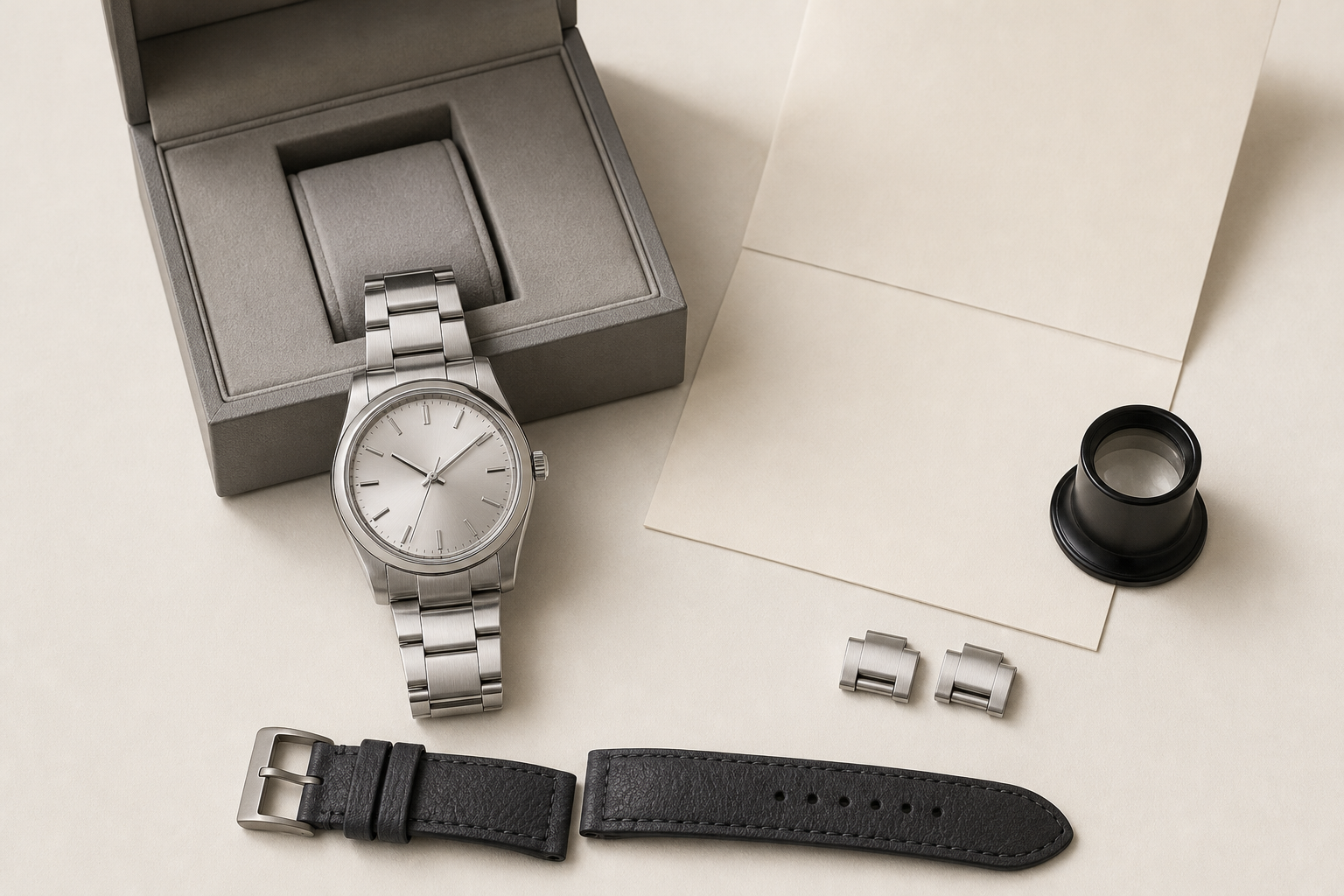 Watch, presentation box, service record, spare bracelet links, and magnifying loupe.
