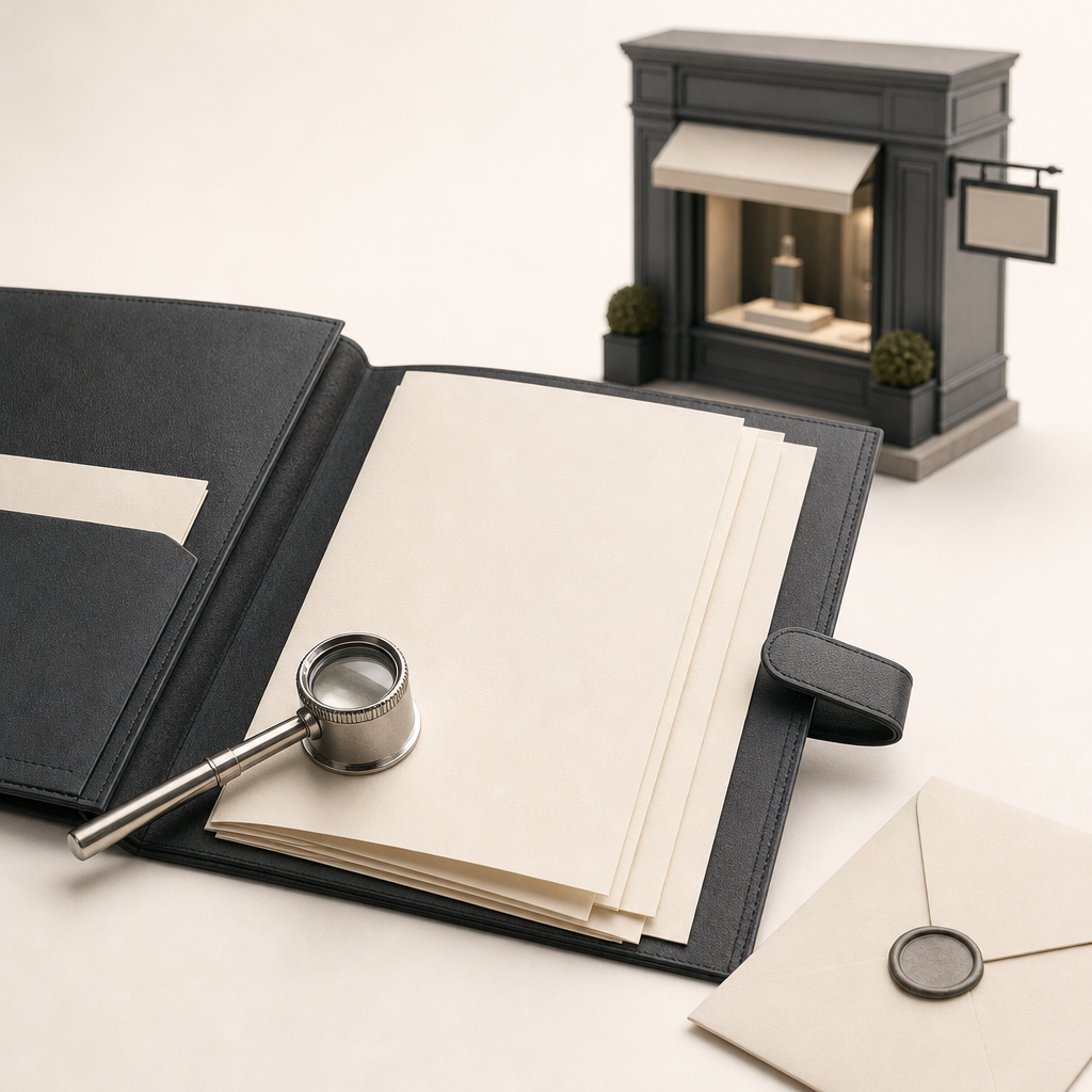 Dealer storefront profile symbol with documents, contact details, and a watch loupe.