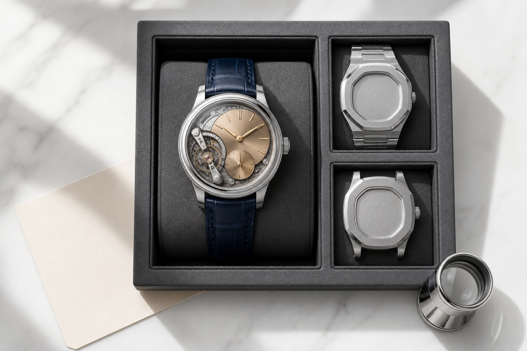Collector examining several high-end mechanical watches beside reference notes