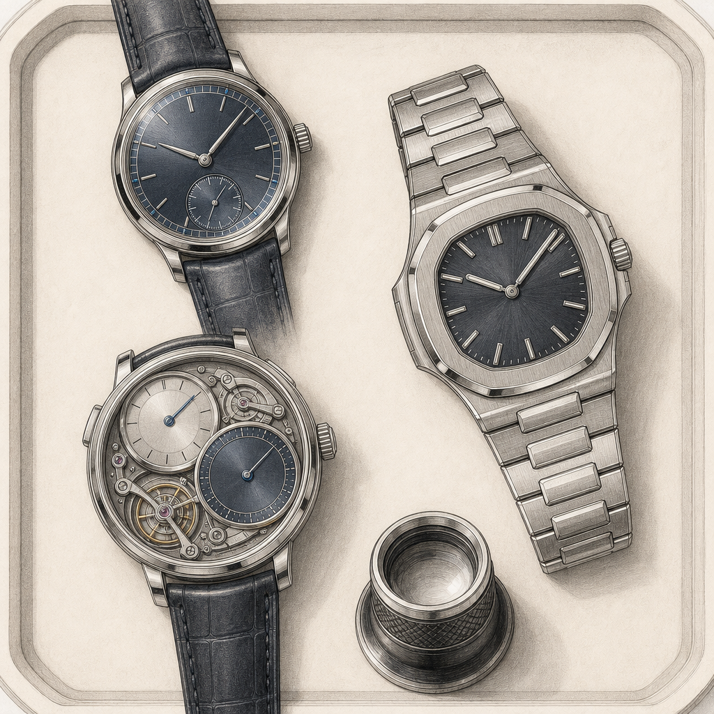 Watch collector comparing a round chronometer, a bracelet watch, and a shaped quartz watch
