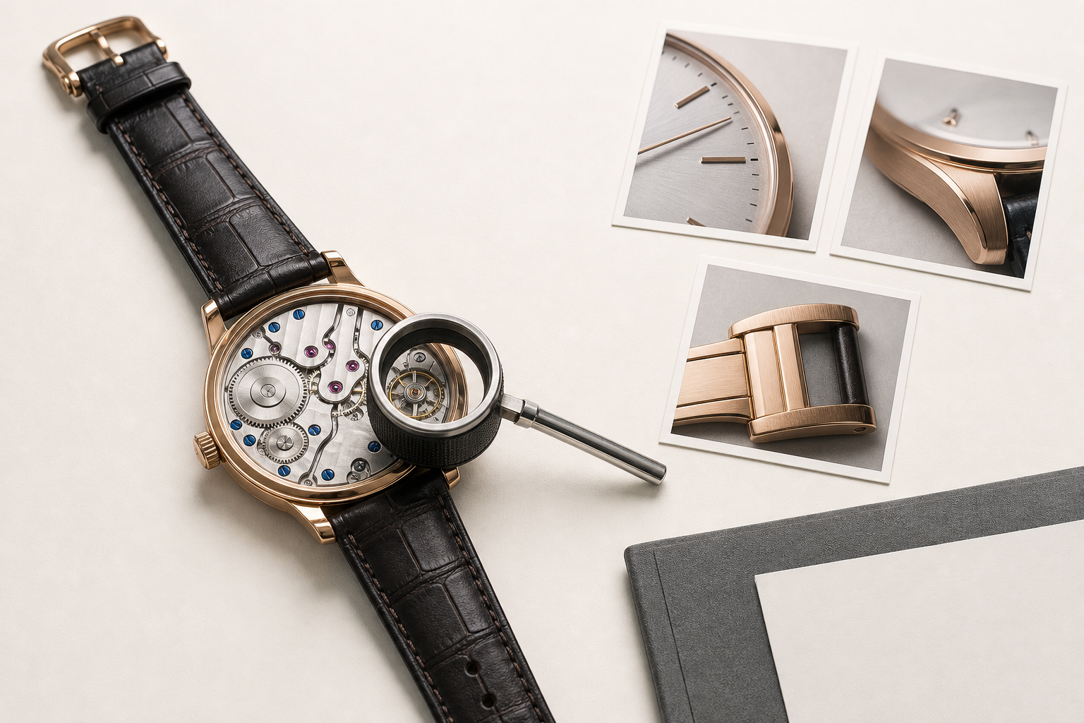 Collector reviewing a watch, serial documentation, condition photos, and seller terms