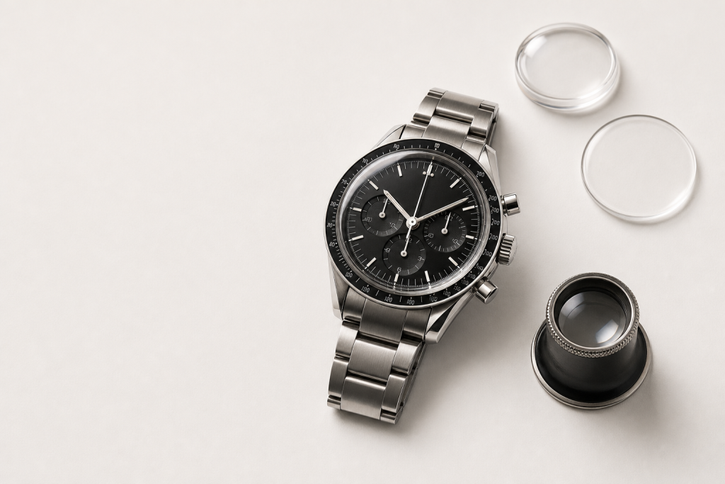 Steel chronograph watch beside a loupe and blank reference card for a buying guide