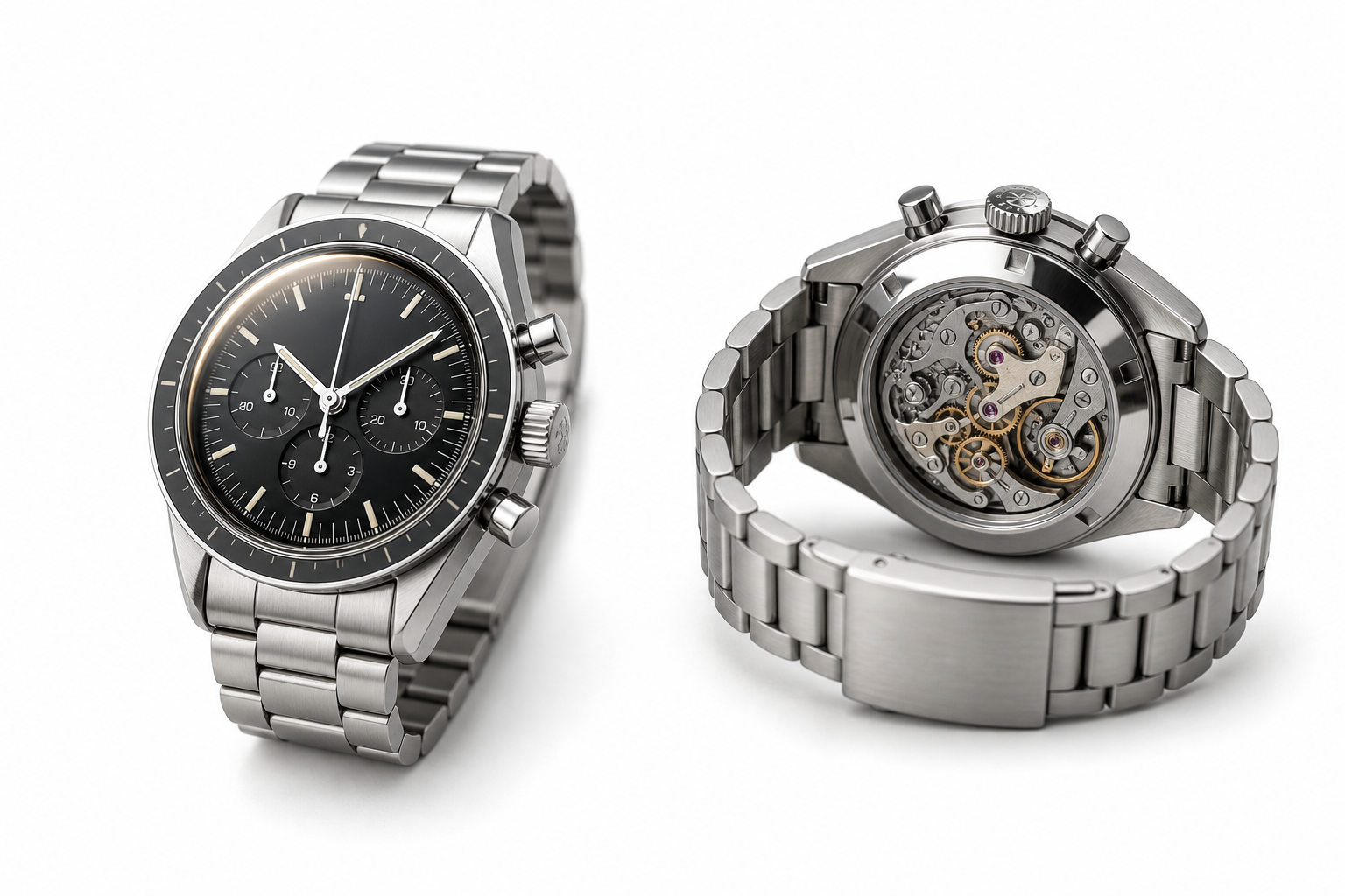 Two Omega Speedmaster Professional Moonwatch configurations shown side by side