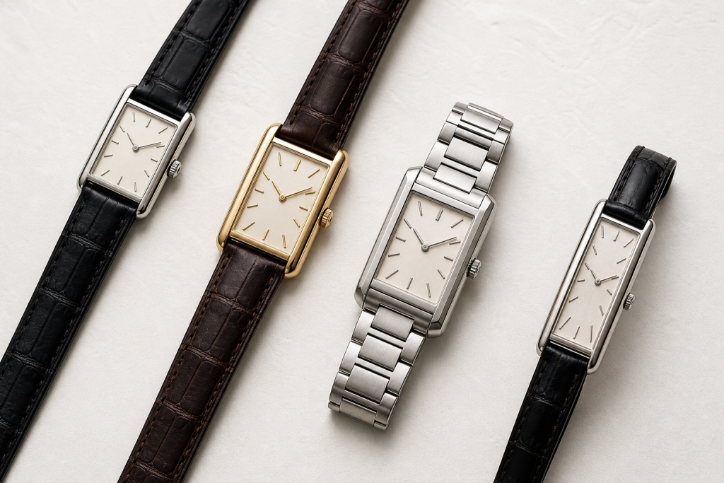 Four Cartier Tank-inspired rectangular watch silhouettes arranged by proportion