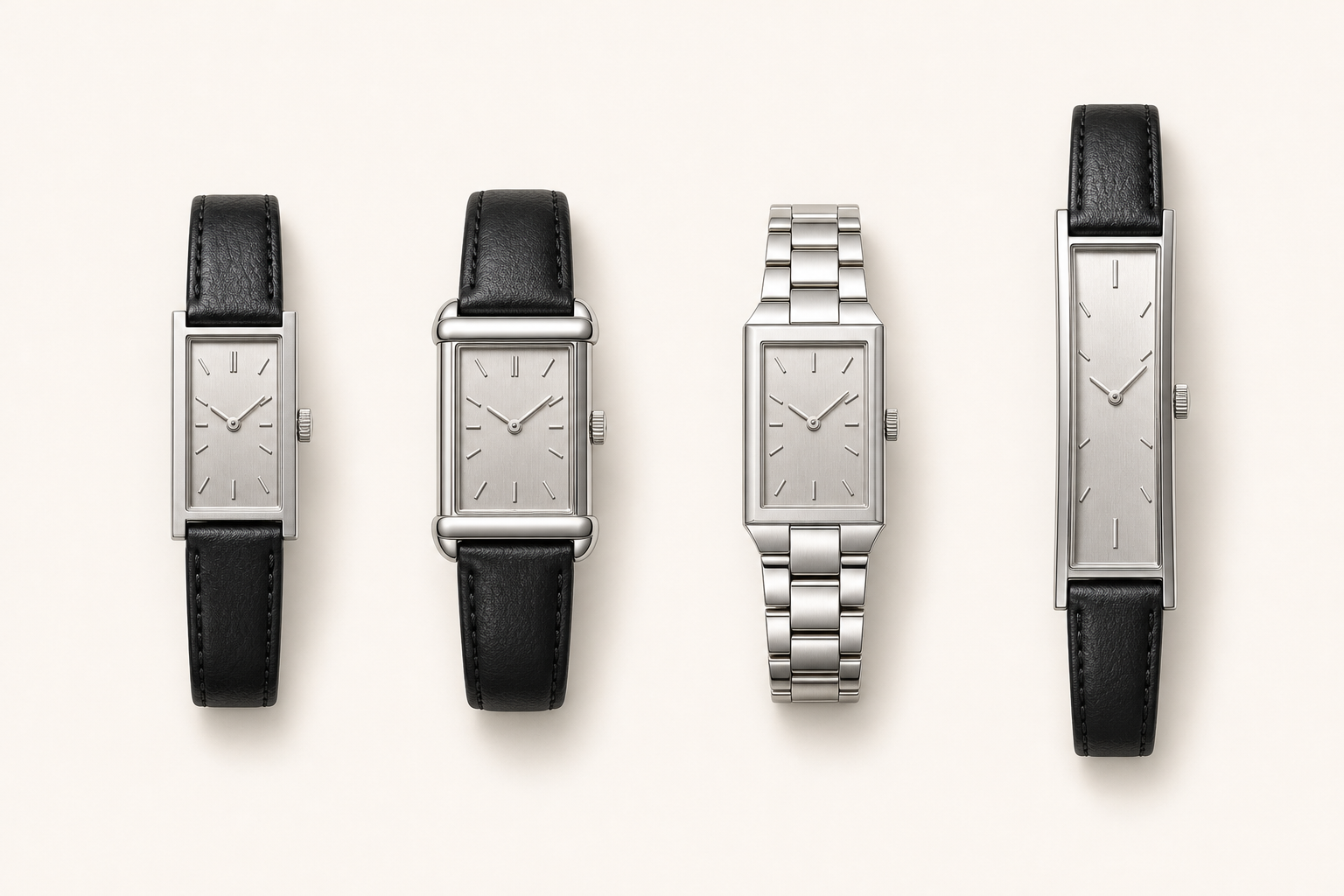 Comparison of compact, bracelet-led, and elongated rectangular Tank case proportions