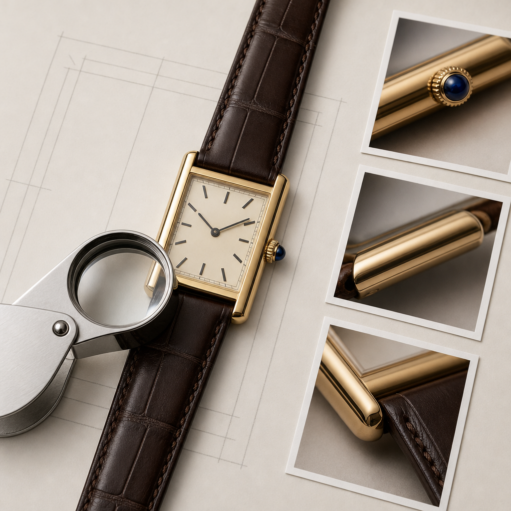 Watch buyer comparing a rectangular watch, reference details, and condition photographs
