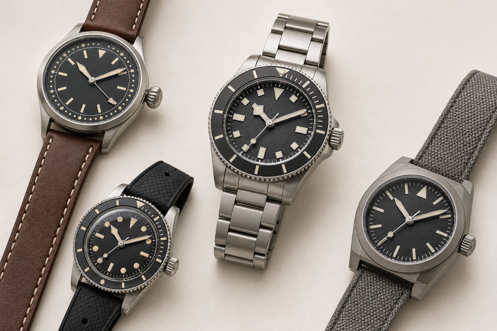 Four Oris-inspired mechanical watch styles representing diving, pointer-date, vintage, and aviation collections.