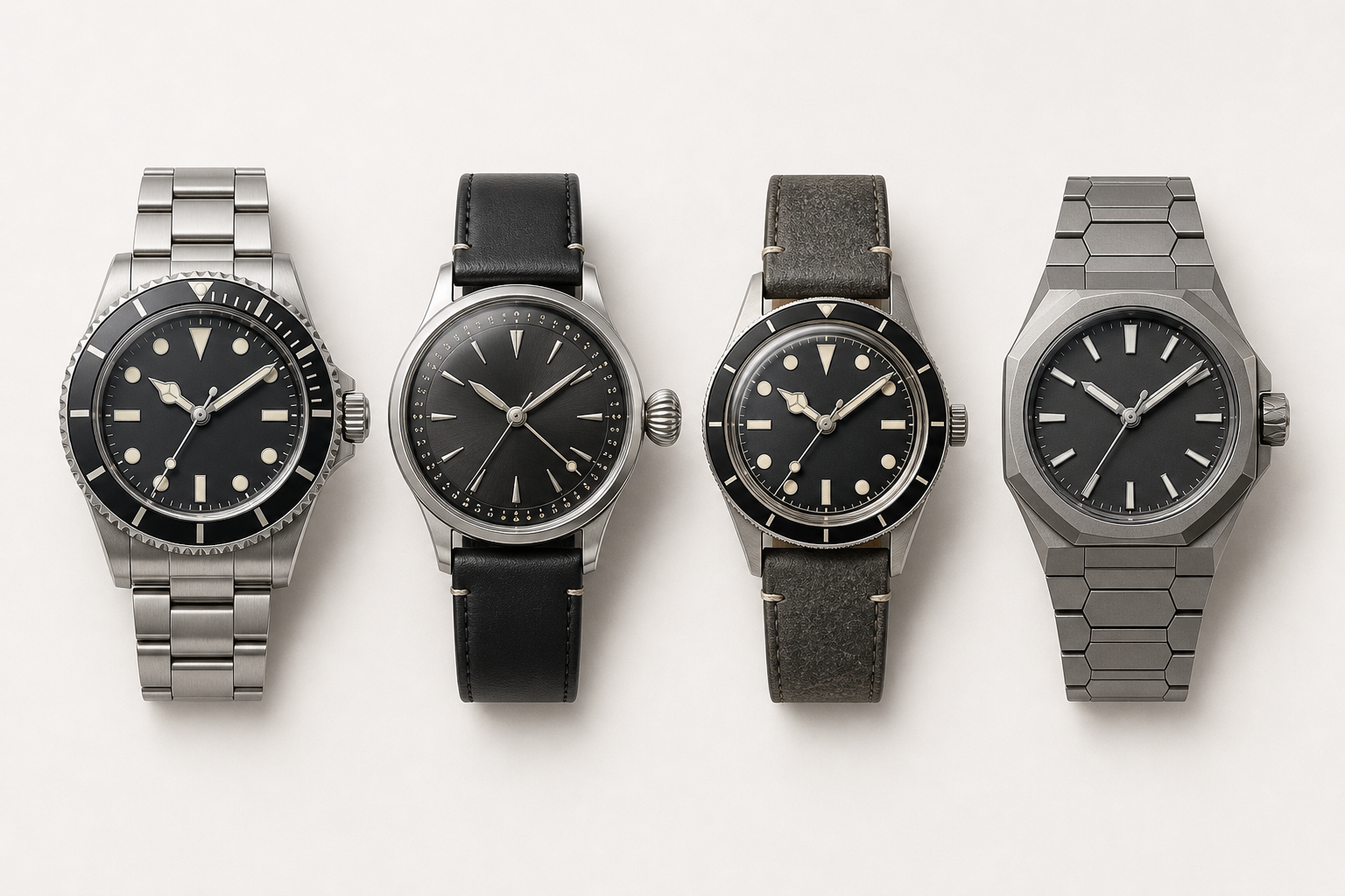 A diver, pointer-date watch, vintage-inspired diver, and titanium aviation watch shown side by side.