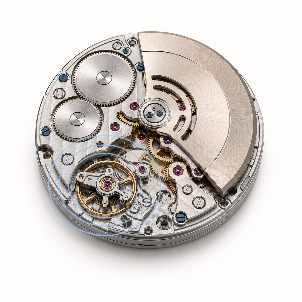 Detailed automatic watch movement emphasizing twin barrels, rotor system, and anti-magnetic components.