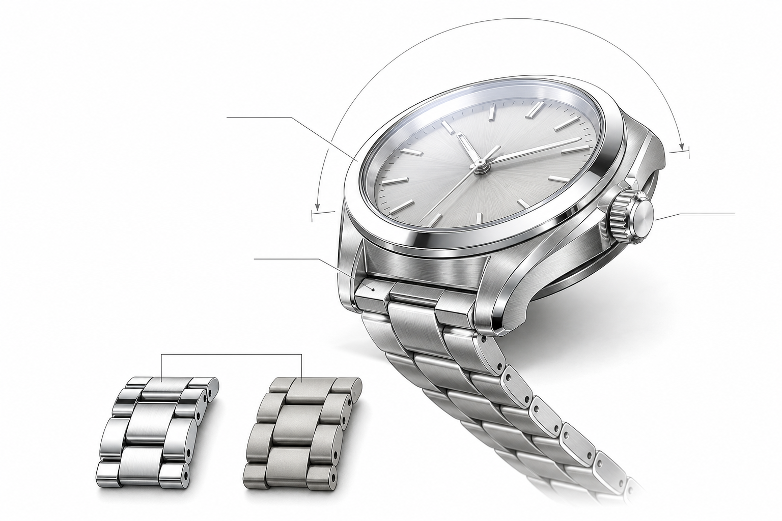 Mechanical watch case diagram showing bezel, crown, bracelet, caseback, and dimensional details.