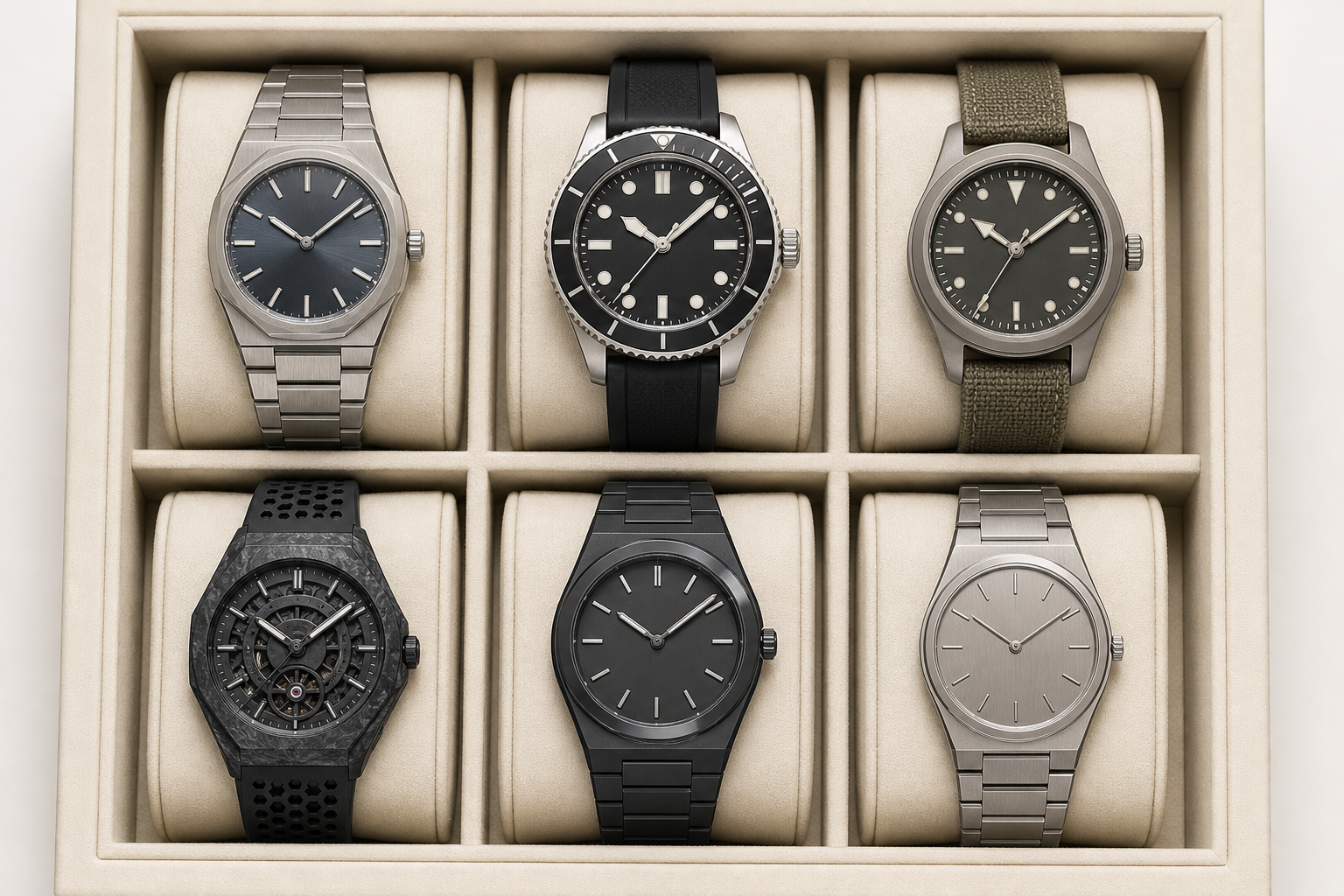 Six distinct Swiss sports-watch silhouettes arranged by everyday, dive, field, lightweight, ceramic, and ultra-thin use