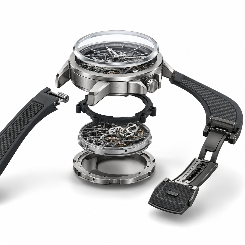 Exploded technical view of a sports watch case, quick-release strap connection, and adjustable clasp
