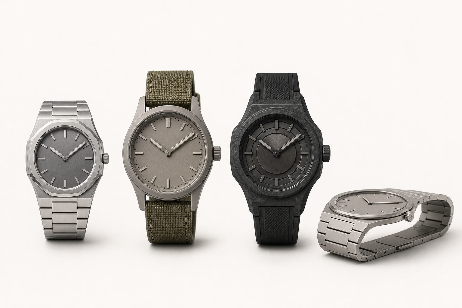 Four modern sports watches shown side by side to illustrate compact steel, titanium field, carbon composite, and thin titanium profiles